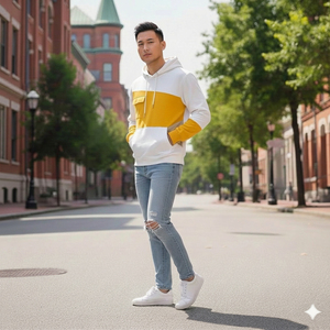 <b>Men's</b> <b>White</b> Yellow Color Block Hooded <b>Sweatshirt</b> Slim Fit Casual Autumn Cotton Knitted Pullover with Pocket - Product Image 3
