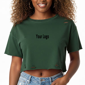 Nouveau T-shirt court déchiré à col rond pour femme, style hip-hop, avec logo personnalisé imprimé, collection 2025 - Product Image 5