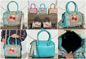 Sac bandoulière unisexe en cuir véritable de vachette, motif floral cerise, fait main, taille moyenne, style Speedy, à prix réduit - Product Image 3