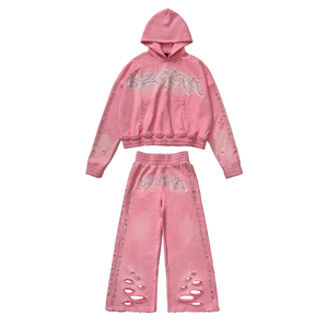 Conjunto de chándal de algodón grueso personalizado de moda, con efecto desgastado, lavado ácido y pedrería, que incluye sudadera con capucha con cremallera y pantalones de chándal. - Product Image 1
