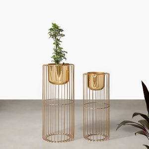 Juego de 2 Soportes Modernos de Lujo para Plantas en Forma de Jaula Dorada, Maceteros Metálicos Decorativos para Interiores - Product Image 1