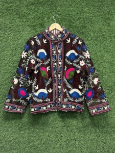 Handmade <b>Velvet</b> Suzani Embroidered Bomber <b>Jacket</b> <b>Women</b> Floral Pattern Open Front Reversible Eco-Friendly Breathable 100% Cotton - Product Image 5