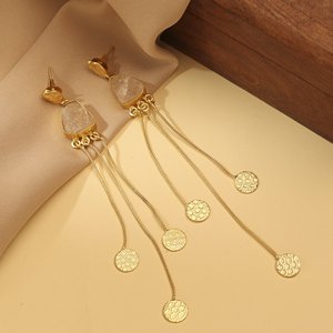 Boucles d'oreilles pendantes en quartz rose naturel avec pompon, en laiton plaqué or, longues chaînes, pour femme, bijoux de fête bohèmes - Product Image 1