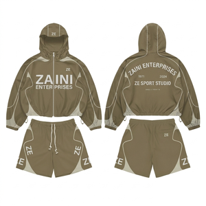 Ensemble short coupe-vent pour homme 120 GSM en polyester Taslon premium, kaki avec empiècements blancs contrastants, logo imprimé par sublimation personnalisé - Product Image 1