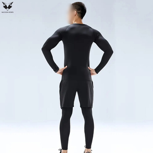 Quick Drying Comfortable Base Layer Workout Sportswear Black Color 3PCS Men Compression Set Long Sleeve Shirt <b>Shorts</b> & Leggings - Product Image 2