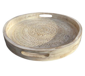 Hand Carved Mango Wood <b>Round</b> <b>Tray</b> White Wash Finish with Handles Hot Selling Decorative Serving <b>Tray</b> for Hotel & Restaurant Use - Product Image 4