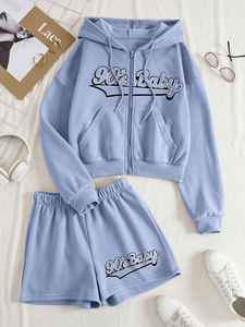 Customizable Lightweight Zip Drawstring Cotton Tracksuit Letter Graphic Thermal <b>Lined</b> Hoodie Shorts <b>Pants</b> Set Winter Hooded - Product Image 5