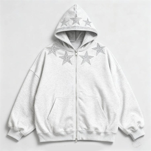 ES Clothes Custom Oversized Zip-up Cotton French Terry <b>Men</b> Sweatshirts <b>Black</b> Drop Shoulder Vintage Rhinestone Y2K Windproof - Product Image 5