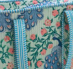 Sac fourre-tout en toile à motif floral paon avec bordure rayée bleue, style bohème, ouverture supérieure, pour usage quotidien - Product Image 3