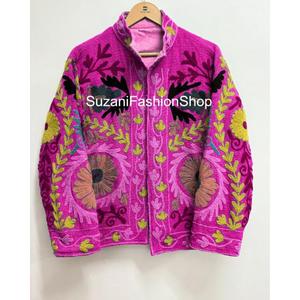 Premium Elegant Floral Embroidered Eco-Friendly Raw Velvet Unisex Suzani <b>Jacket</b> Mandarin Collar Full Sleeve <b>Winter</b> Style - Product Image 3