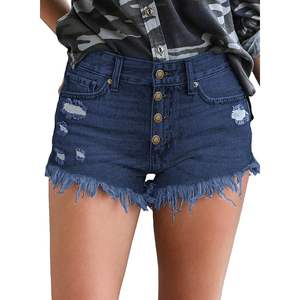 2025 pantalones cortos vaqueros rectos con botones de cintura media azul Vintage para mujer, dobladillo crudo deshilachado, diseño rasgado, ajuste holgado, talla mediana - Product Image 3