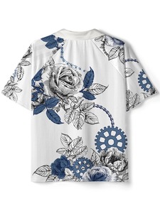 Unisex White Floral Printed Short Sleeve Shirt With Blue Gears Turn-down Collar Regular Fit Breathable <b>Polyester</b> Summer Wear - Product Image 2