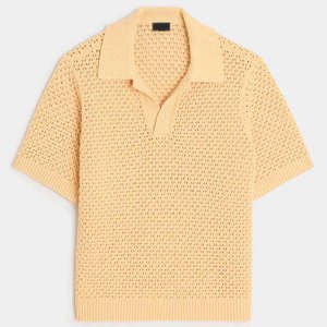 Polo de punto abierto con textura de ganchillo para hombre, ropa de verano 2026, amarillo suave, corte relajado, sin botones, cuello tipo campamento, HD - Product Image 1