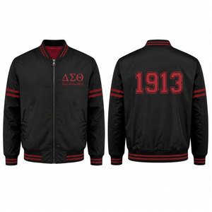 Delta Sigma Theta Varsity <b>Jacket</b> Men's Red <b>White</b> Embroidered 1913 Back Print Preppy Style Zipper Front College <b>Jacket</b> - Product Image 4