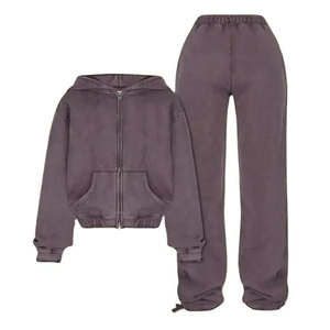 Hot Sale Unisex 100% Cotton <b>Plus</b> <b>Size</b> Breathable Fleece Hooded <b>Jogger</b> <b>Set</b> High Quality Custom Logo Acid Wash Tracksuit - Product Image 1