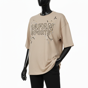 Women Boxy T Shirt Premium Cotton Jersey Sand Beige Oversized Fit Rhinestone <b>Sequin</b> Graphic Print Women Boxy T Shirts Cotton - Product Image 4