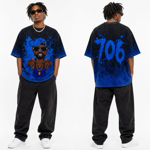 T-shirt bleu tie-dye surdimensionné pour homme avec imprimé de personnage de dessin animé, manches courtes, col rond, style streetwear, jersey en coton - Product Image 4