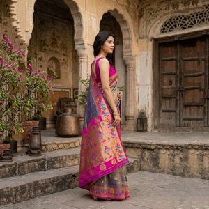 Sari en soie bleu royal, finition lumineuse, tissage riche en Zari |   Robe de mariée indienne traditionnelle, longue, sans plis, élégante - Product Image 2
