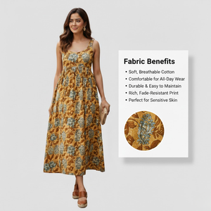 Vestido Floral Artesanal con Estampado a Mano para Mujer, Espalda Fruncida, Elástico, Ajuste Cómodo, Cremallera Lateral, Sin Mangas, Largo hasta la Rodilla, Estilo Skater - Product Image 3