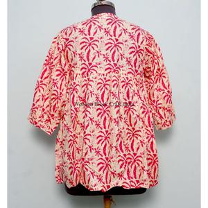 Vestido informal de verano vintage para mujer, de algodón puro, con estampado de palmeras, manga abullonada, cuello en V, estilo túnica natural. - Product Image 6