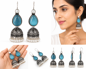 Pendientes Jhumka de Plata Oxidada Azul con Forma de Lágrima, Hechos a Mano, con Perlas, Estilo Étnico Indio Bohemio, para Mujer, Venta al por Mayor - Product Image 5