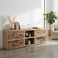 Buffet rustique en bois massif avec 4 tiroirs et étagère ouverte, style teck naturel, meuble TV en bois, console pour salon