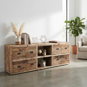 Rustic Solid Wood Sideboard Cabinet 4 Drawer Open Shelf Credenza Natural Teak Style Wooden TV Stand <b>Console</b> LivingRoom Furniture - Product Image 4