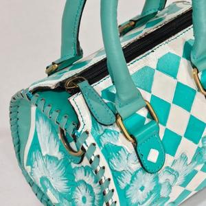 Luxury <b>Hand</b> Tooled Floral Leather <b>Mini</b> Speedy Bag Checkerboard Pattern Teal Green Zipper Closure - Product Image 4