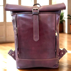 Grey Genuine Leather <b>Backpack</b> with Brown Leather Roll Top <b>Backpack</b> Bags Strap Buckle Business Casual Design Compartment <b>Backpack</b> - Product Image 6
