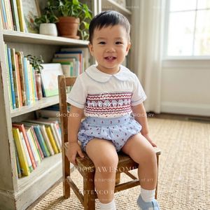 Nouvelle arrivée Combinaison bébé à smocks faits main, bleu vichy, broderie cerise, 100% coton, vêtements de boutique - Product Image 2