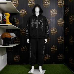 Sudadera con capucha gótica para hombre, con cremallera, de algodón negro, forro polar, estampado digital de cruz, corte regular, bolsillo frontal en la manga, lavado ácido, estilo invierno - Product Image 5