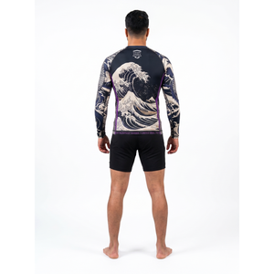 เสื้อแรชการ์ดแขนยาวผู้ชาย 200GSM โพลีเอสเตอร์ผสมอีลาสเทน สำหรับ BJJ MMA ป้องกันแสงแดด รับผลิตแบบ OEM พร้อมสกรีนโลโก้ - Product Image 2
