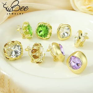 European Exquisite Crystal Statement Copper <b>Stud</b> <b>Earrings</b> 14k Gold Square Moissanite Color Stone <b>Earring</b> - Product Image 5