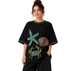 เสื้อยืดโอเวอร์ไซส์สีดำลายกราฟิกสำหรับผู้หญิง พิมพ์ลายมหาสมุทรหลากสีสัน สไตล์ลำลอง ผ้าฝ้าย สตรีทแวร์ ใส่สบายช่วงฤดูร้อน ทรงหลวม รับผลิตตามแบบ OEM ODM ขายส่ง - Product Image 2