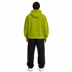 Custom Green Distressed Zip Up Hoodie Oversized Streetwear Raw Edge Panel <b>Pullover</b> Hoodies for <b>Men</b> OEM Wholesale Private Label - Product Image 2