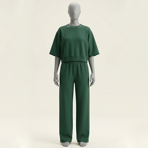 OEM Branded Women Green 220 GSM Velvet High Street Button Tshirt and Cargo Jogger Pant Set Raised Rubber <b>Puff</b> Logo Sets - Product Image 1