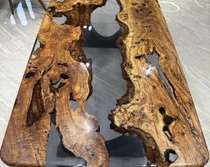 Table à manger en bois massif avec bord naturel et résine époxy, plateau en noyer, design moderne pour l'ameublement de la maison - Product Image 4