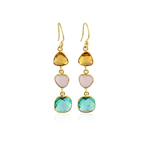 Pendientes colgantes de calcedonia multicolor al por mayor con tres piedras, corte a cuadros, engaste de bisel, gancho, chapados en oro de 18k, joyería para mujer - Product Image 1