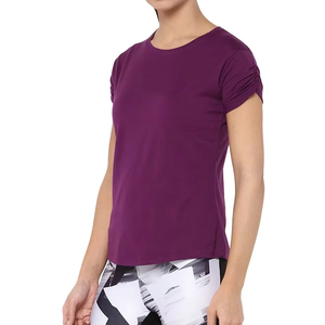 Camiseta de Manga Corta con Cuello Redondo Morada para Mujer, Estilo Urbano, Corte Regular, Color Sólido, Informal, de Algodón Jersey Transpirable, para Todas las Temporadas - Product Image 4