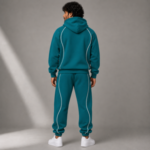 Men's Teal Pullover Hoodie with White Contrast Piping Drawstring Hood and Jogger <b>Pants</b> for Relaxed Fit for Casual Streetwear - Product Image 2