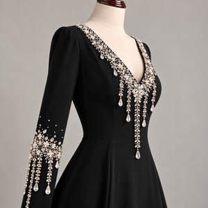 <b>Black</b> V-Neck <b>Floor</b>-<b>Length</b> Evening <b>Dress</b> Long Sleeve Maxi Gown Heavy Embellishment Party Banquet Wear - Product Image 3