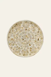 Mother Of Pearl Round Serving Tray With Floral Sunburst <b>Mosaic</b> Inlay Pattern Raised Rim And Side Handles For Dining <b>Table</b> Home - Product Image 2