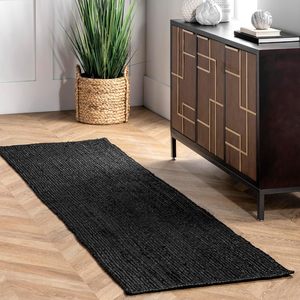 Modern Black Jute Hall Runner Woven <b>Boho</b> Area Carpet For Indoor Home Decor - Product Image 1