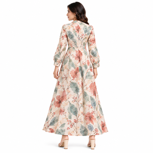 Vestido Maxi Floral Bohemio para Mujer, Manga Larga, Cuello en V, Estampado Elegante Informal, Estampado Botánico Rosa, Venta al por Mayor - Product Image 6