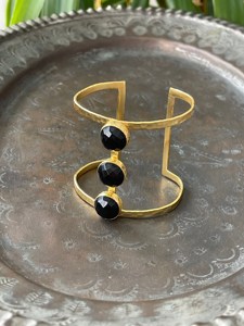 Gold Plated Brass Onyx Open Cuff <b>Bracelet</b> Classic Handmade Jewelry Unisex Fashion Bangles Bezel Setting Four Gemstone Design - Product Image 6