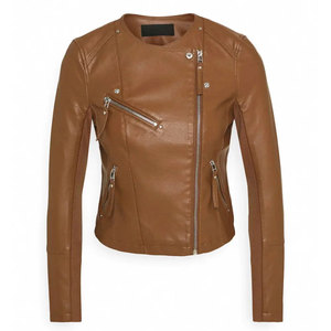 Brown Genuine <b>Leather</b> Moto Biker Jacket <b>Women</b> O-Neck Full Sleeve Zipper Closure Autumn Style Biker Jacket <b>Women</b> - Product Image 1