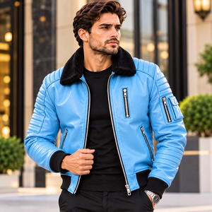 Chaqueta de Cuero Azul Cielo para Hombre, Estilo Motero, con Cuello de Piel Negra y Puños Acanalados, Ropa Exterior Moderna de Estilo Urbano - Product Image 4