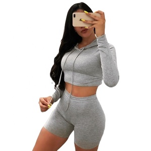 Summer Clothes 2022 Solid Hooded Long Sleeved Crop Top Jogger Set Two Piece Outfit Shorts Set <b>Tights</b> Leggings For Women - Product Image 1