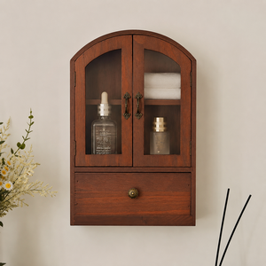 Armoire murale de salle de bain en teck massif de luxe avec porte en verre cintrée, vitrine pour produits de soin et tiroir inférieur - Product Image 1