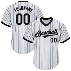 OEM Hot Selling Baseball V Neck Custom Team Name Front Heat-Transfer Printed Striped Short Sleeve Polyester <b>Mesh</b> Retro Jersey - Product Image 1